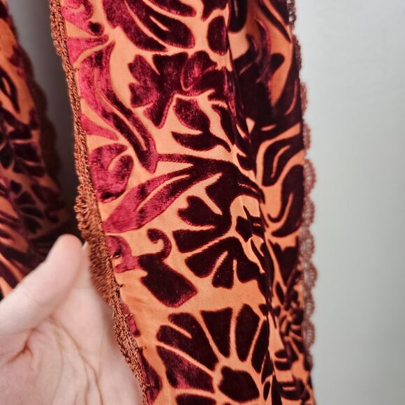 Burnout Velvet Silk Orange Floral Boho Gypsy Indie Y2K Romantic Lace Trim Scarf - Picture 2 of 6